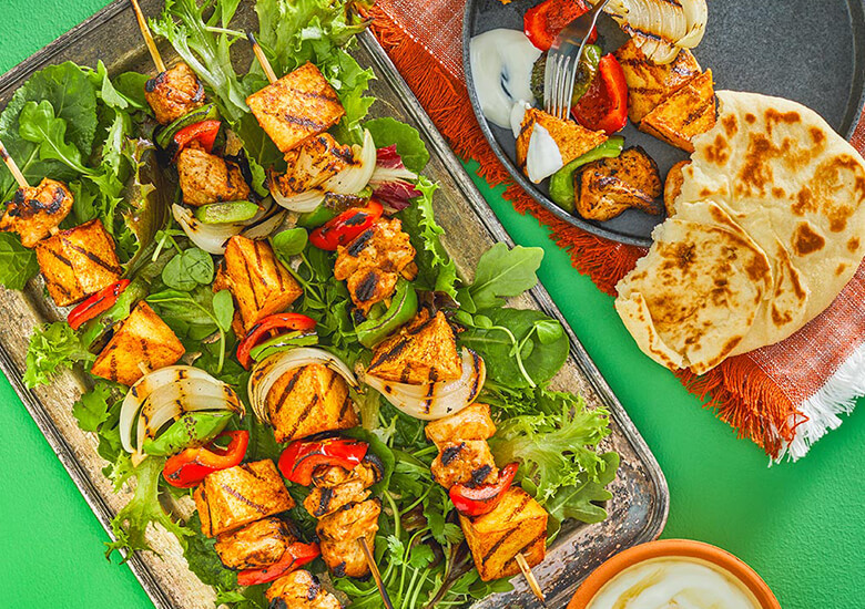 grilled shawarma inspired chicken and paneer kabobs