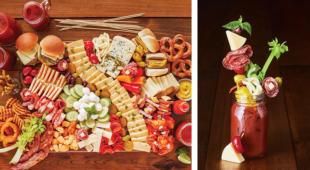 charcuterie board and bloody mary collage