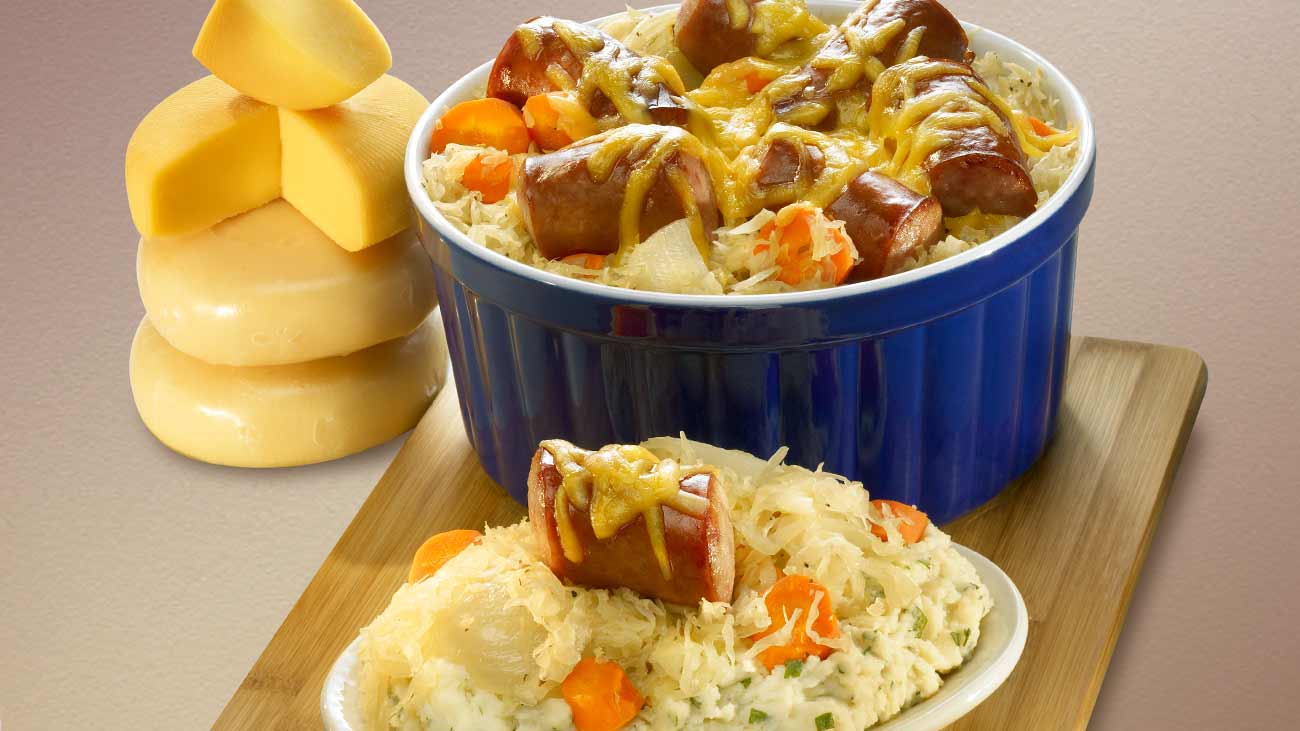 smoked sausage casserole with sauerkraut and potatoes