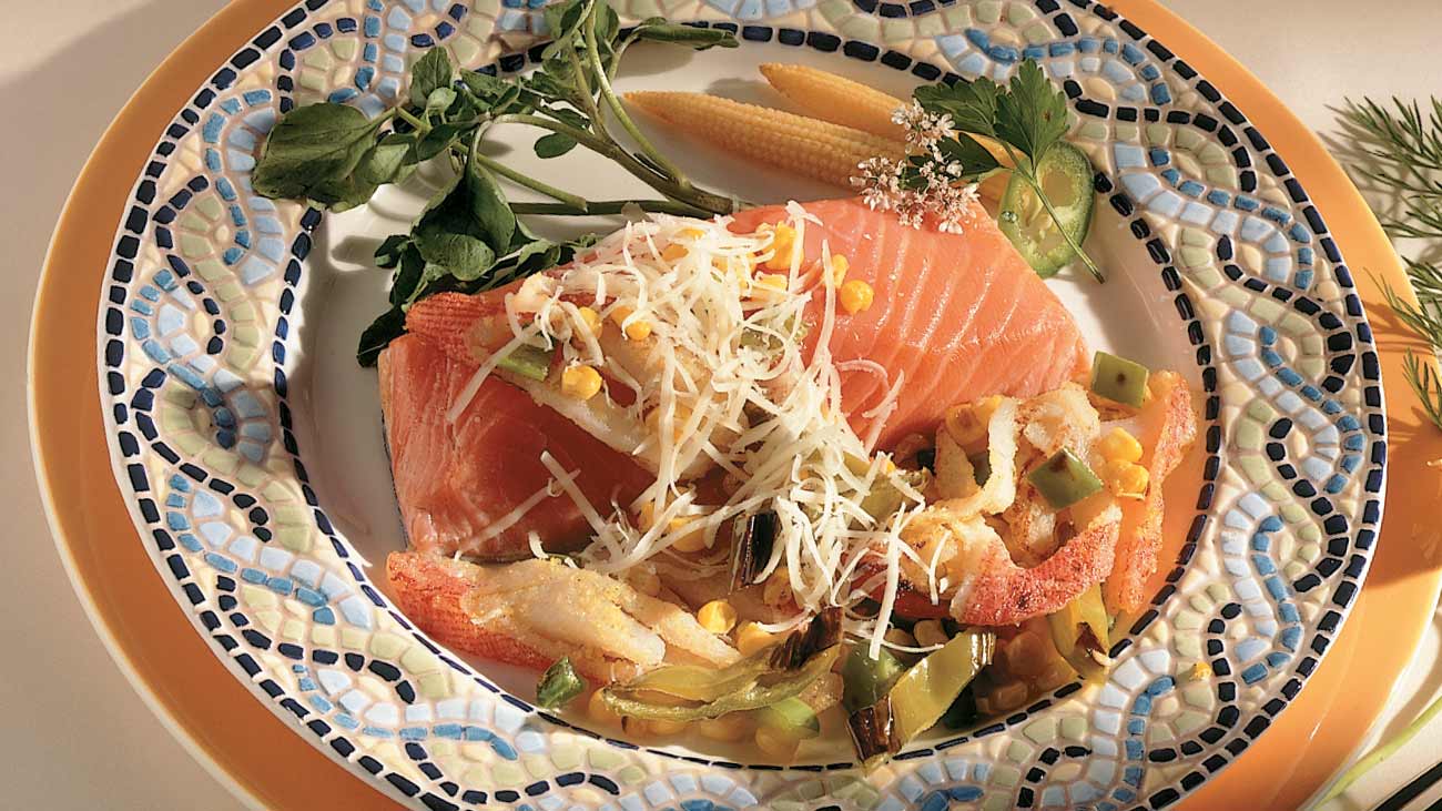 Salmon with Hot Crab Hash and Corn Topped with Alpine-Style Cheese