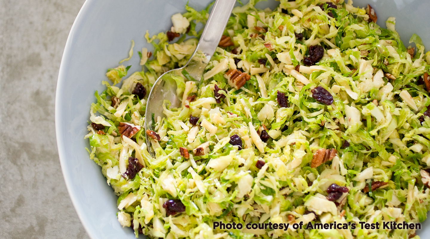Wisconsin Cheese Brussels Sprout Salad with Smoked Gouda, Pecans, and Dried Cherries recipe