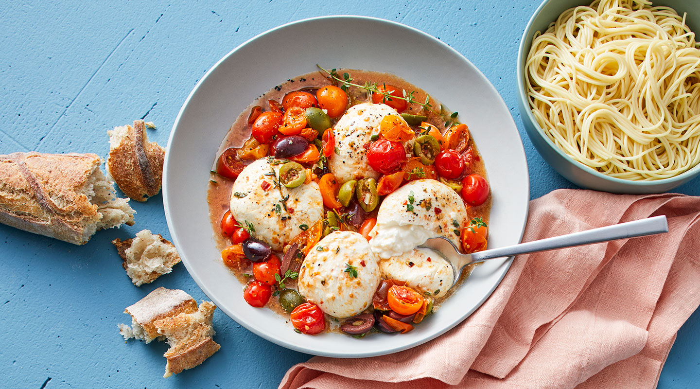 Wisconsin Cheese Chile Roasted Tomatoes and Olives with Burrata   Recipe