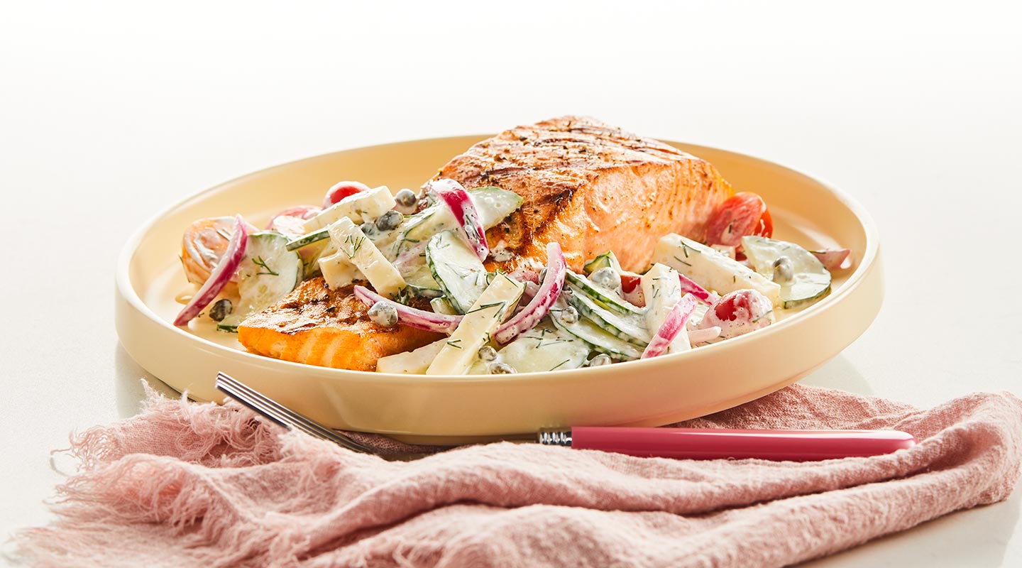 Wisconsin Cheese Grilled Salmon with Creamy Cucumber Salad recipe