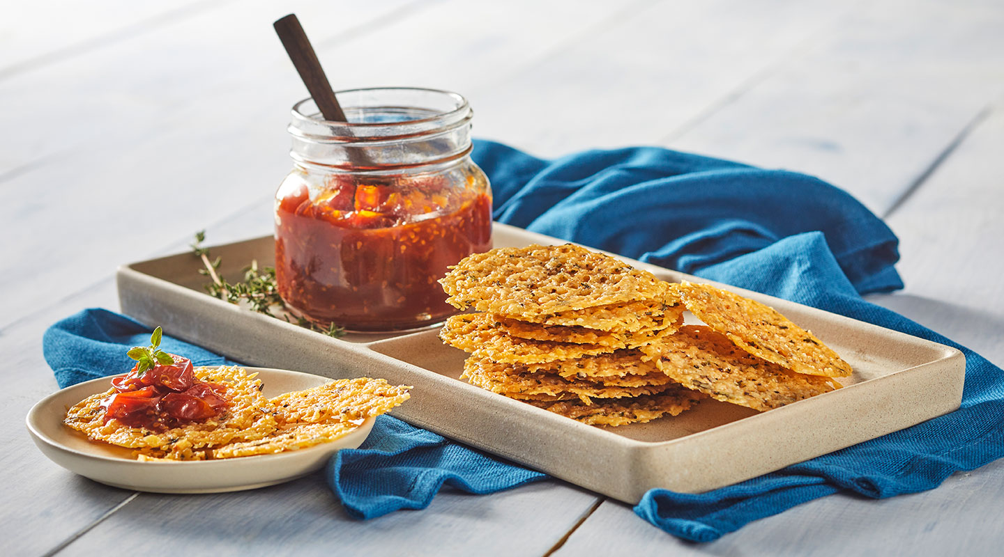 Wisconsin Cheese Herbed Parmesan Crisps with Tomato Jam  recipe