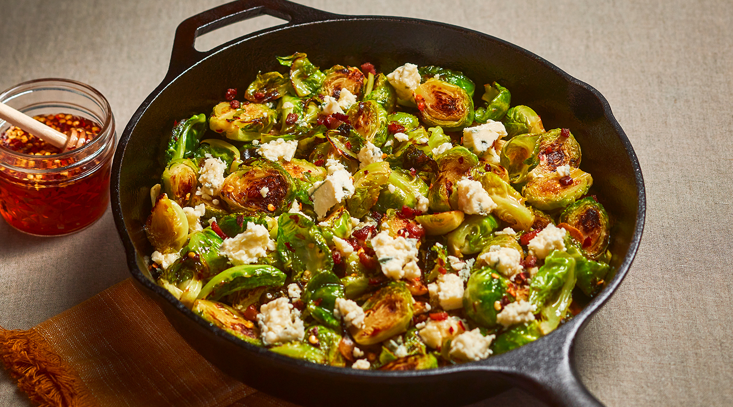 Wisconsin Cheese Roasted Brussels Sprouts with Gorgonzola and Hot Honey recipe
